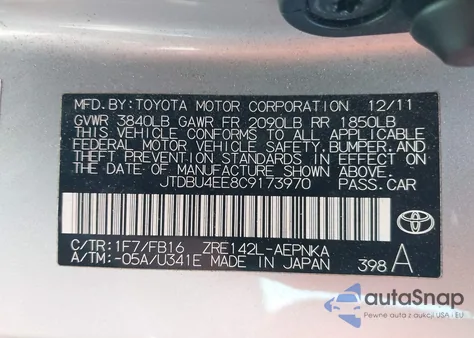 2012 Toyota Corolla Le from USA, damaged, VIN JTDBU4EE8C9173970